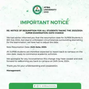 Atiba University notice of resumption for all students taking JUPEB exam, 2023/2024