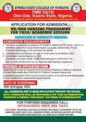 Kwara College of Nursing Sciences Oke-Ode ND/HND Nursing form, 2024/2025