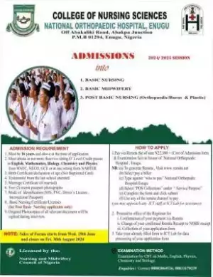 National Orthopedic Hospital, Enugu Nursing admission forms for 2024/2025 session