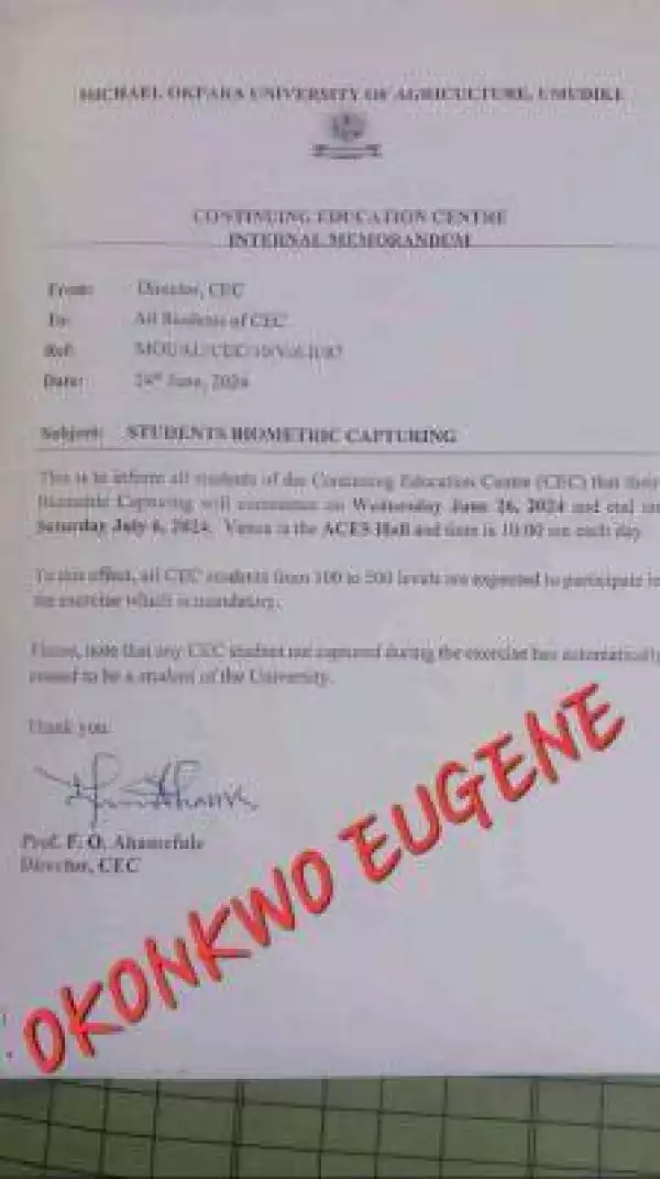 MOUAU notice on students biometric capturing