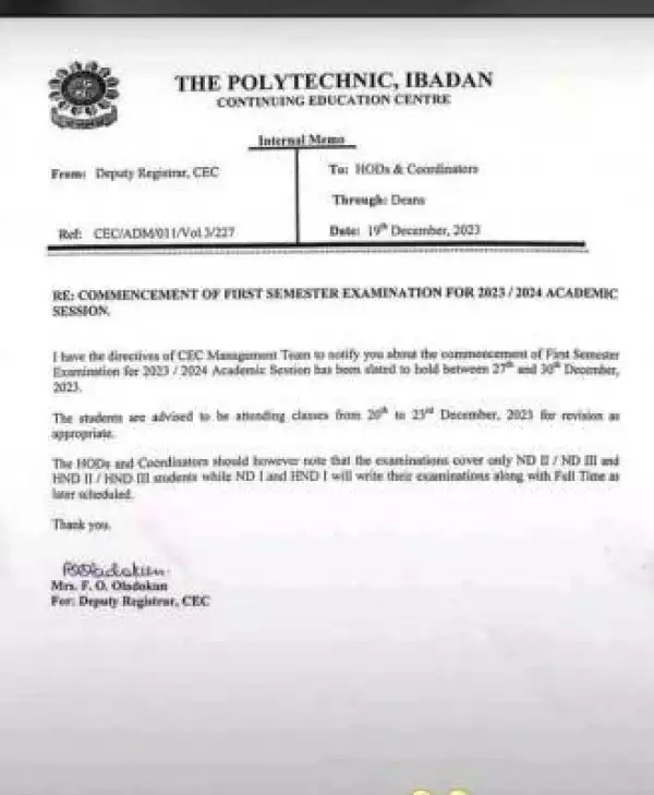The Poly Ibadan commencement of 1st semester exam, 2023/2024